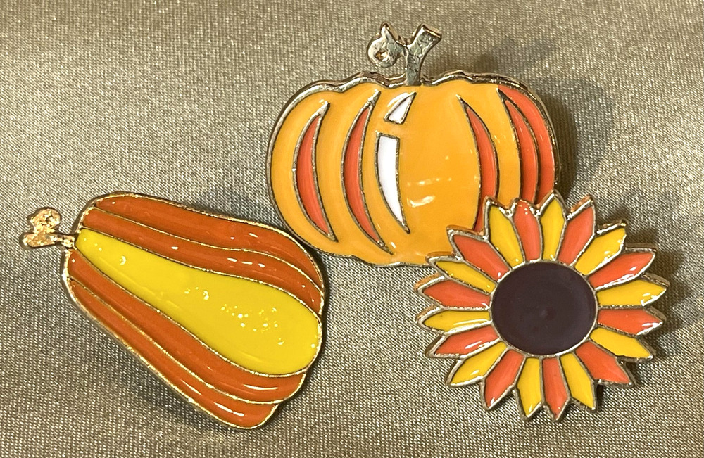 NWOT Orange Pumpkin Sunflower Gourd Pin Set Enamel Halloween Thanksgiving Nature